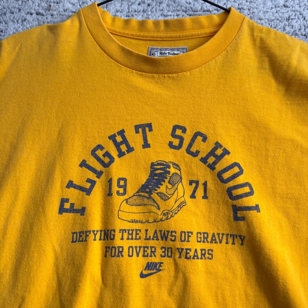 Nike Vintage 2000s Flight School Graphic T-Shirt USA Made Yellow Swoosh Men's L